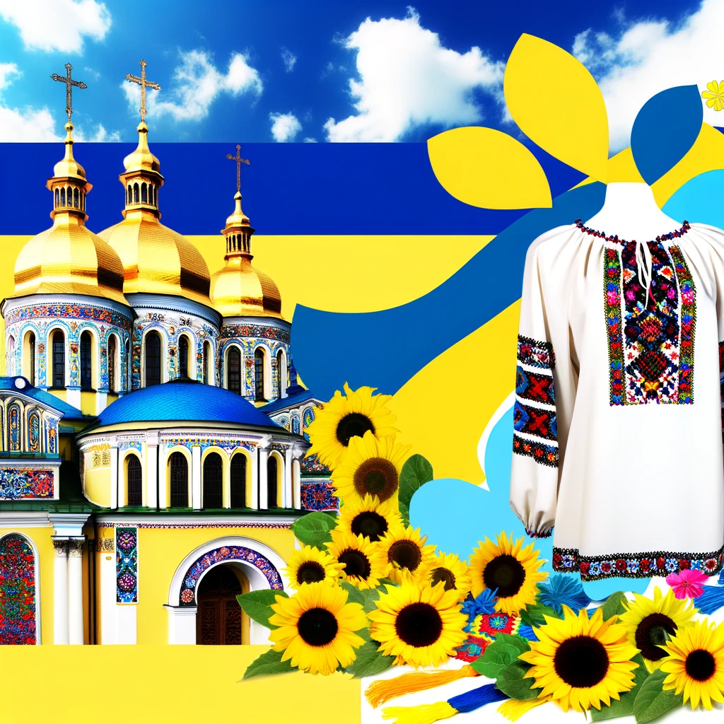 Ukrainian culture illustration with vyshyvanka, sunflowers and cathedral