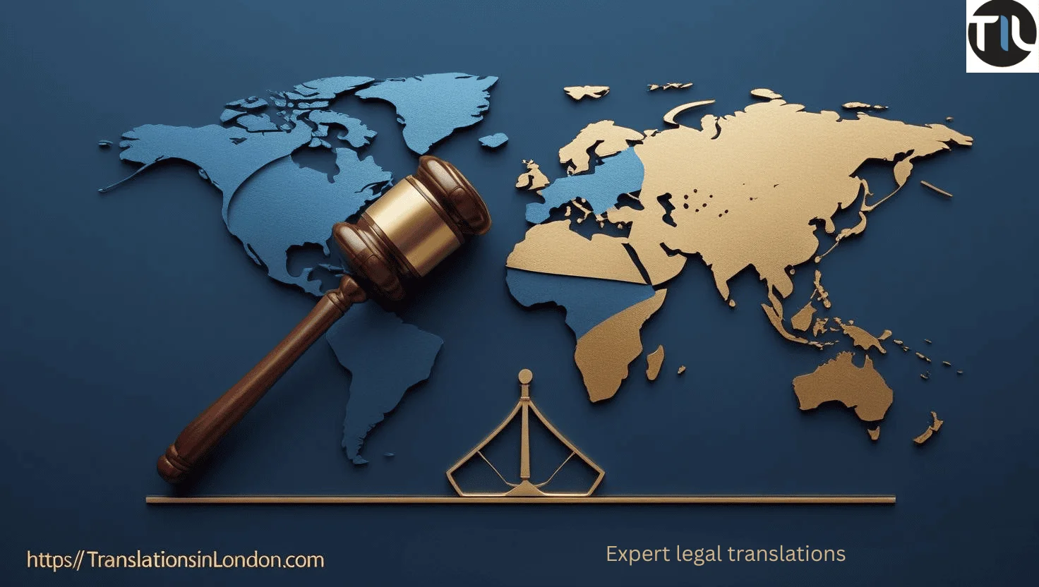 World map with gavel and scales symbolising legal translation services in London.
